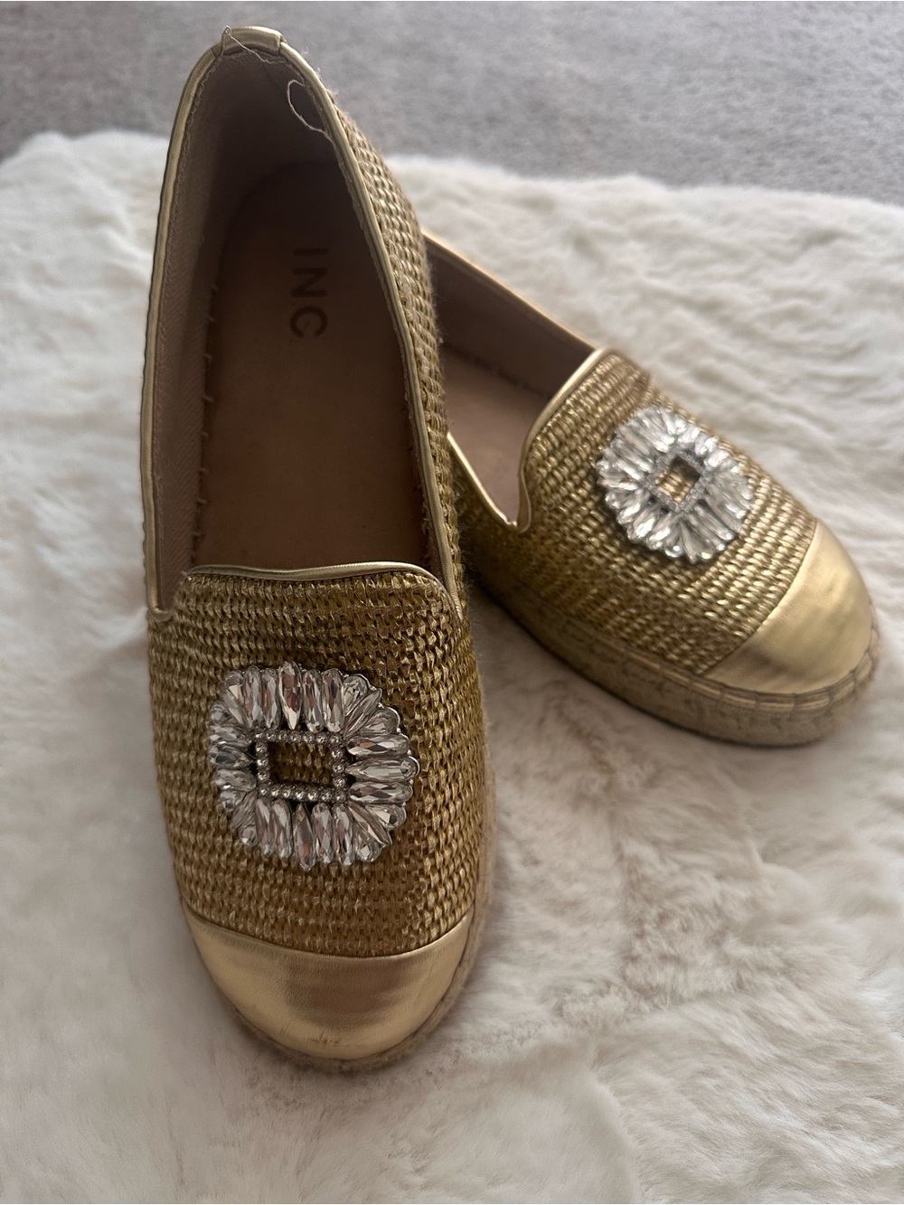 INC International Concepts Metallic Gold Woven Espadrilles with Crystal Accent